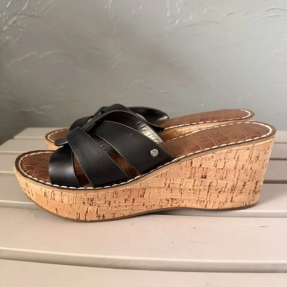 Sam Edelman Raynere Leather Cork Wedge  Platform Slide Sandals Black Women’s 6.5